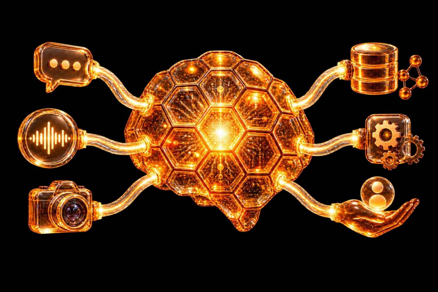 A neural honeycomb AI agent connected to text, voice, vision, a knowledge base, actions, and human handoff.