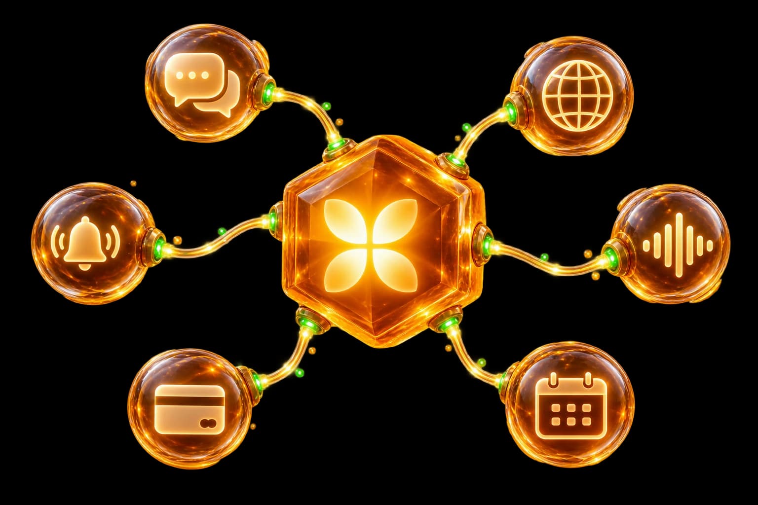 OrangeBee connecting customer chat, a website, voice, alerts, payments, and scheduling in one integration constellation.