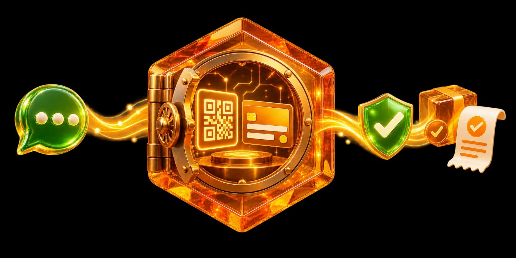 A secure OrangeBee payment vault carrying a customer chat through QR or card payment to a verified order receipt.